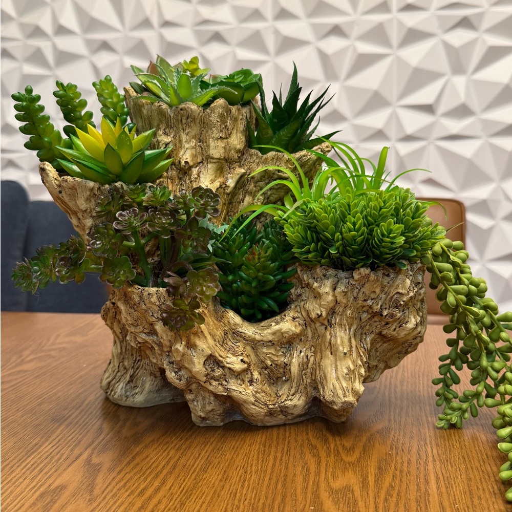 Natural Faux Wood Planter with Lush Green Succulents
